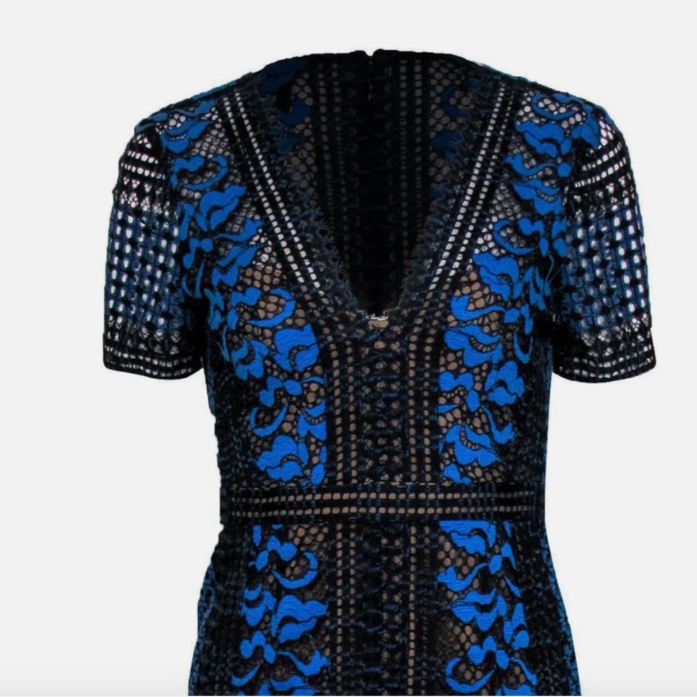 BCBG Max Azria - Black & Blue Lace Short Sleeve Midi Dress Sz 4 - Picture 7 of 7